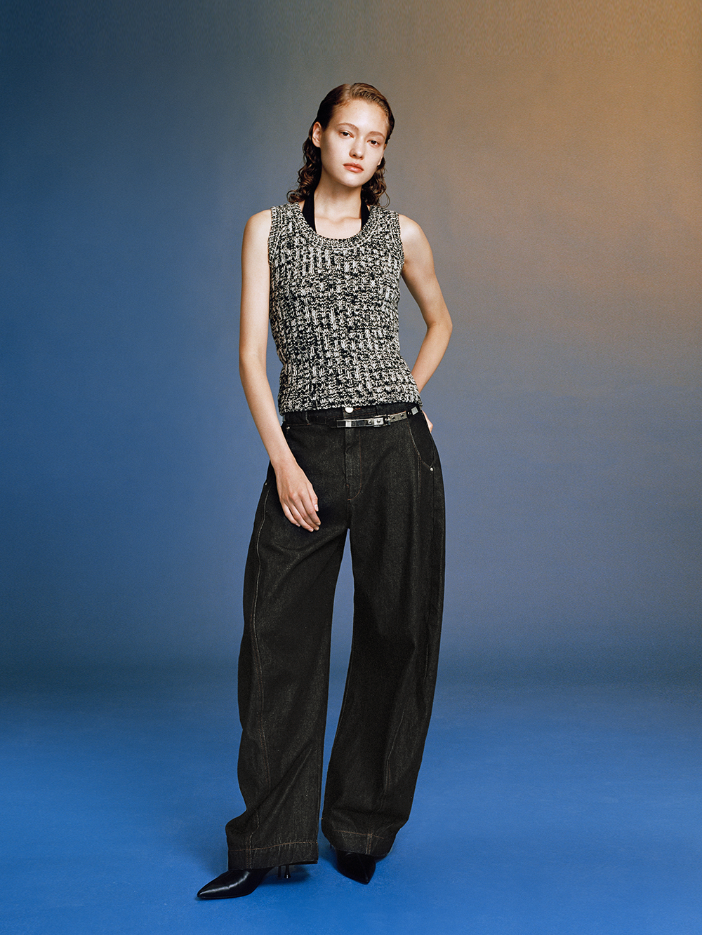 Raw Denim Black Curved Cut Wide-Leg Pants
