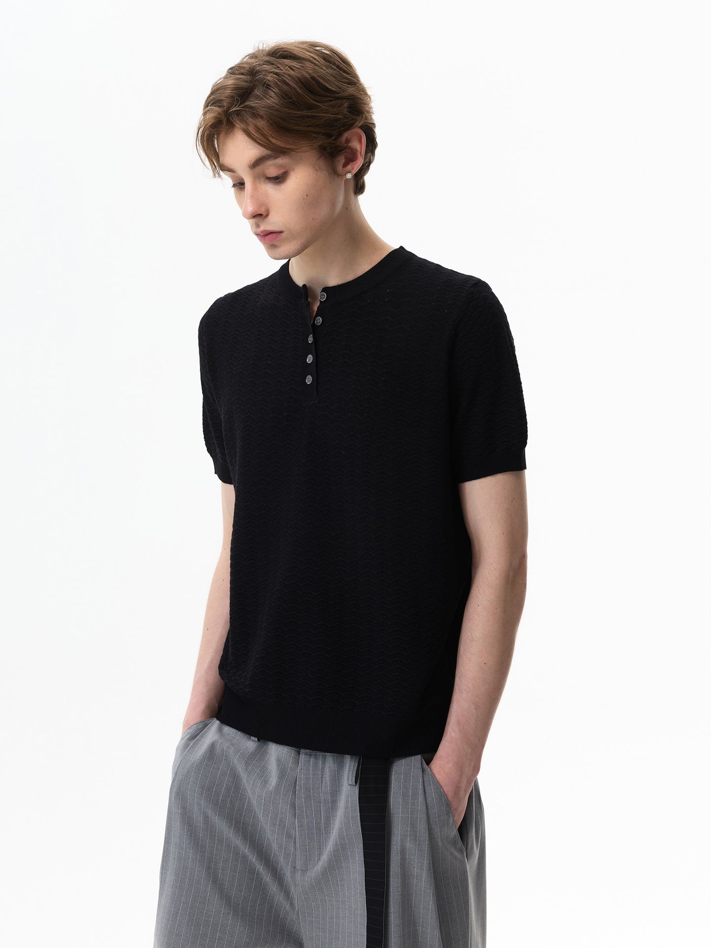 Breathable Jacquard Henley Knit Tee