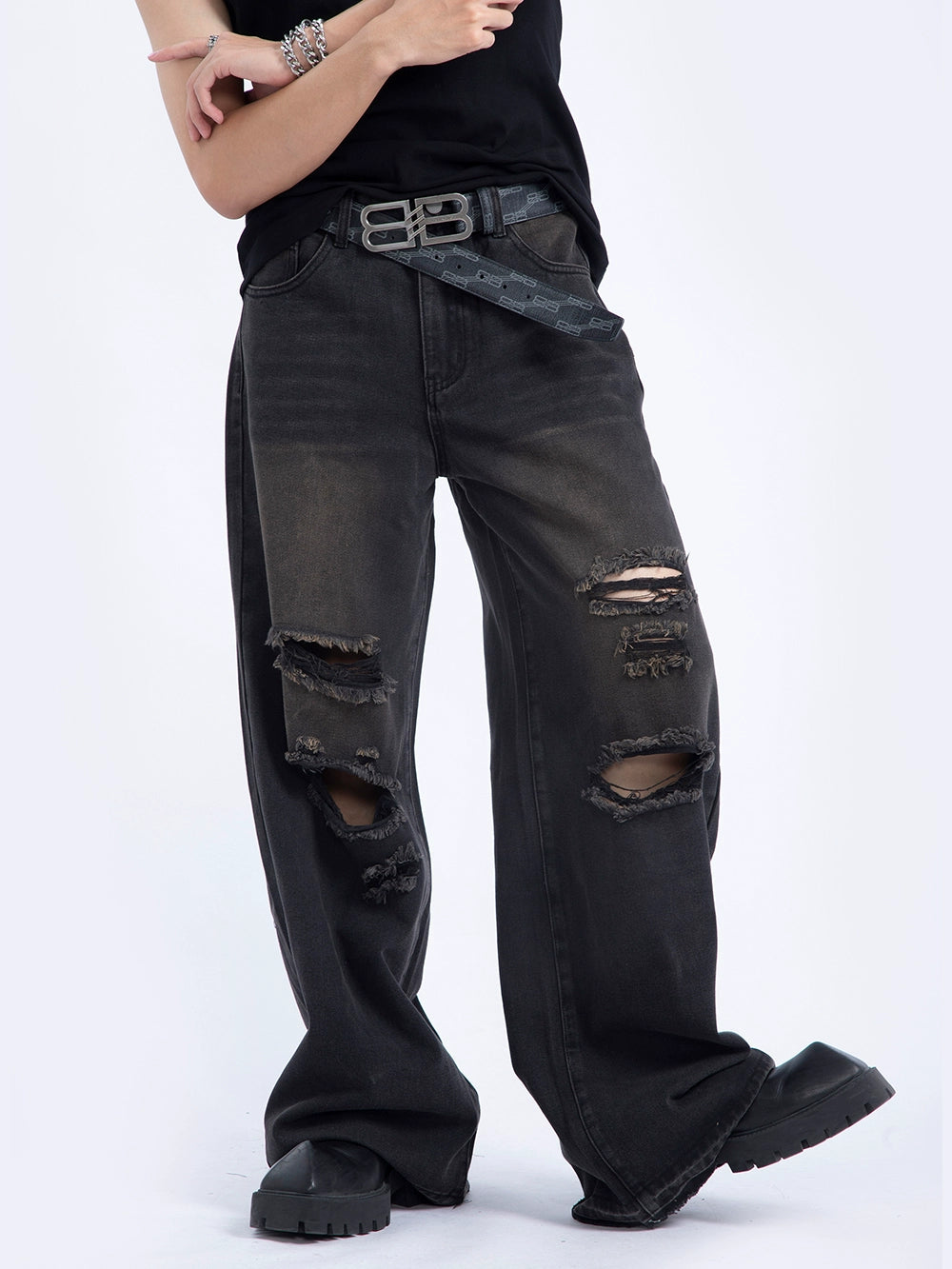 Washed Distressed Ripped Jeans
