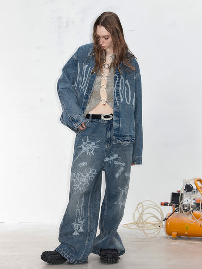 Graffiti Wide Straight Denim Pants