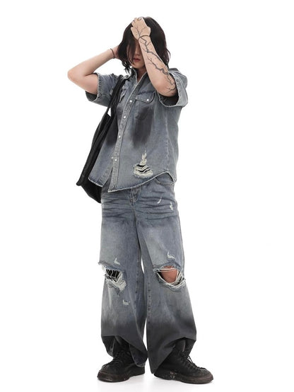 Damaged Hole Wide Denim Pants