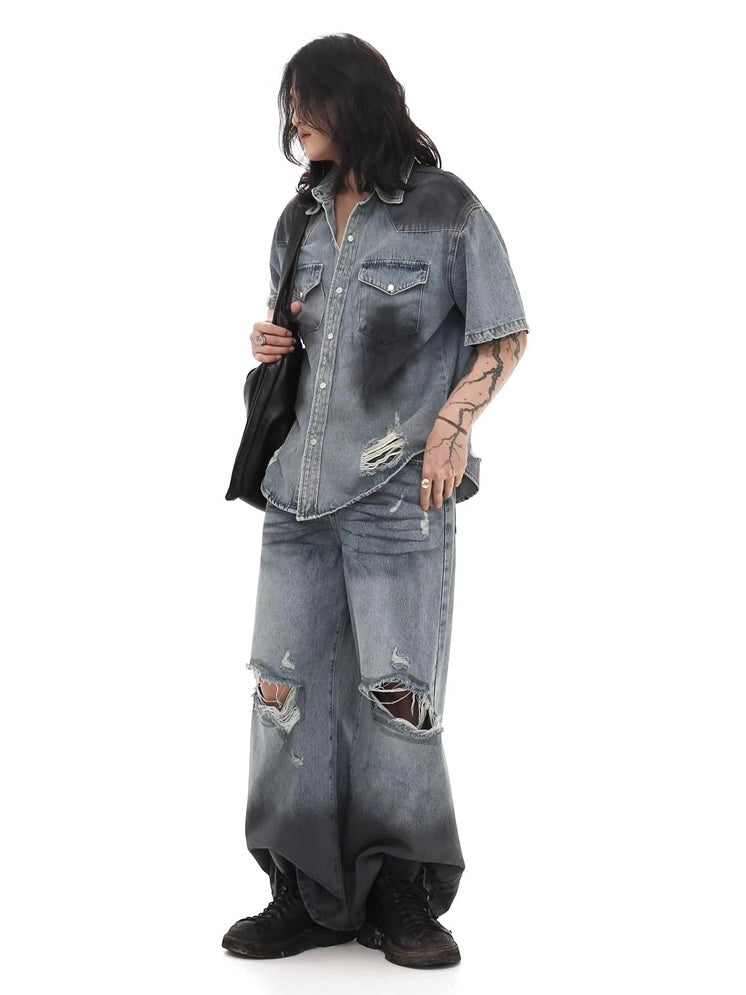 Damaged Hole Wide Denim Pants