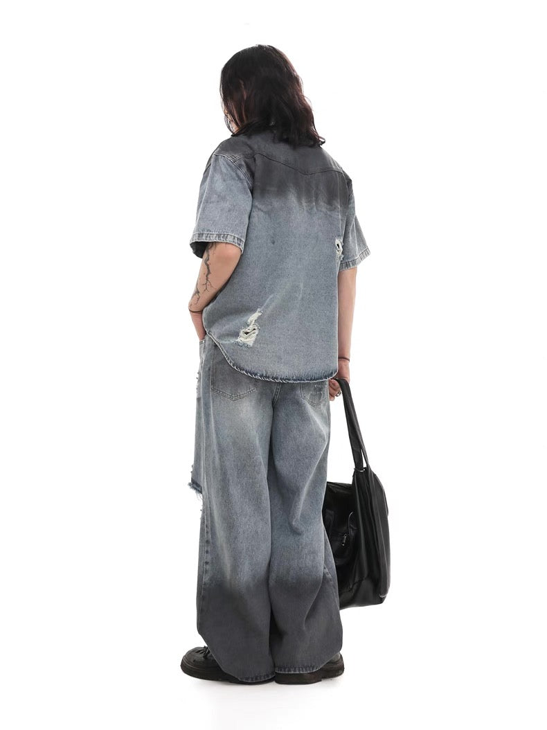 Damaged Hole Wide Denim Pants