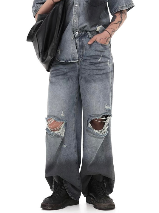 Damaged Hole Wide Denim Pants