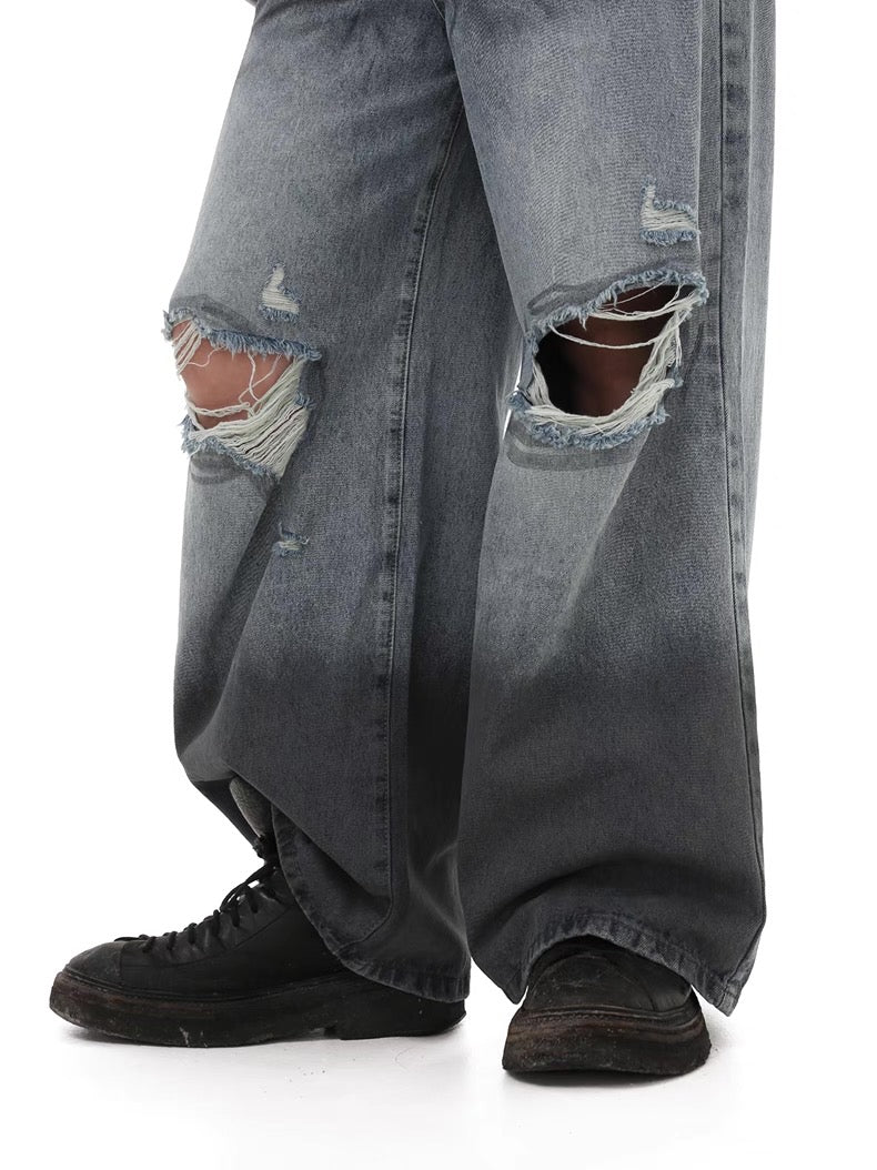 Damaged Hole Wide Denim Pants
