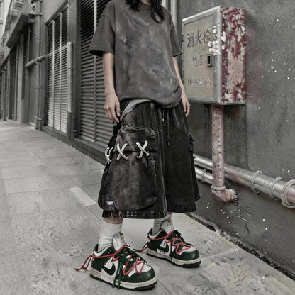 Vintage Wide-Leg Cargo Denim Shorts