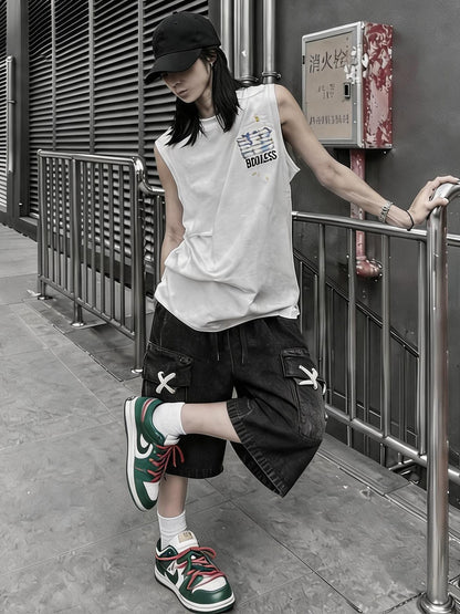 Vintage Wide-Leg Cargo Denim Shorts