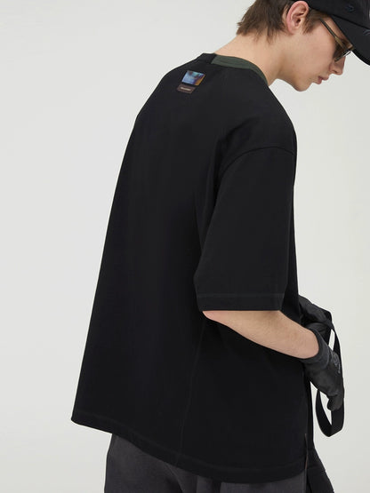Asymmetric Neck Contrast Trim Tee