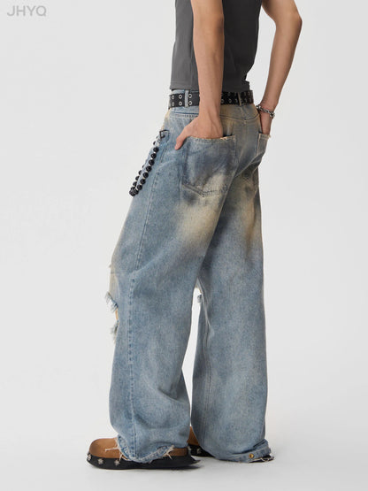 Retro Washed Holes Denim Pants