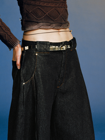 Raw Denim Black Curved Cut Wide-Leg Pants