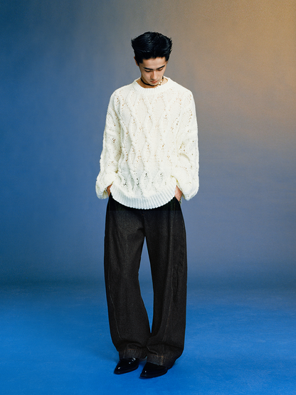 Raw Denim Black Curved Cut Wide-Leg Pants