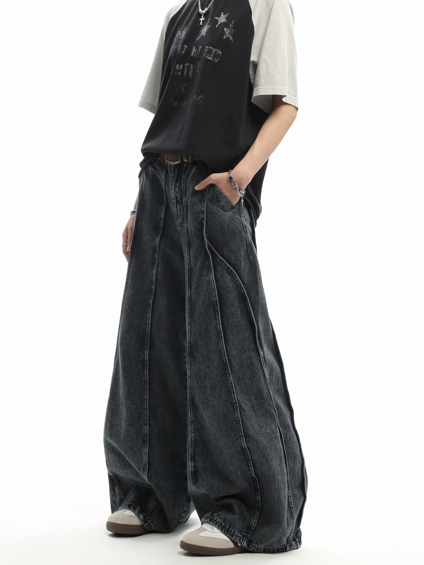 Patchwork Curved-Leg Jeans
