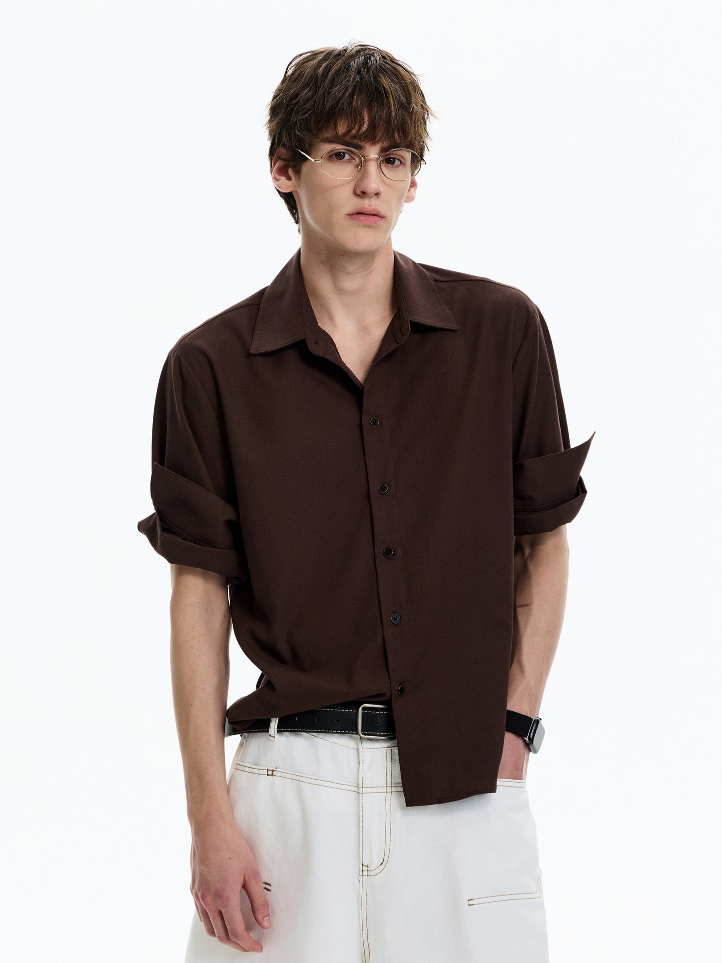 Roll-Sleeve Linen Blend Shirt