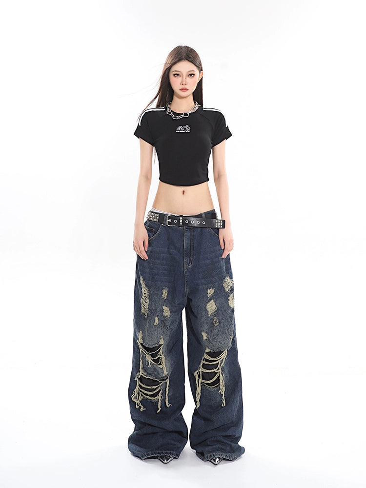 Large Silhouette Hole Denim Pants