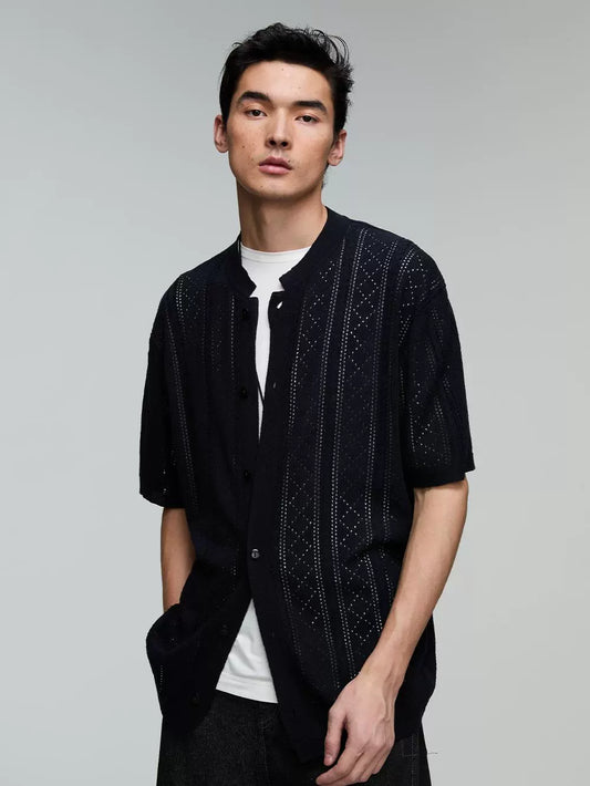 Lyocell Linen Blend Tri-Color Stand Collar Knit Shirt