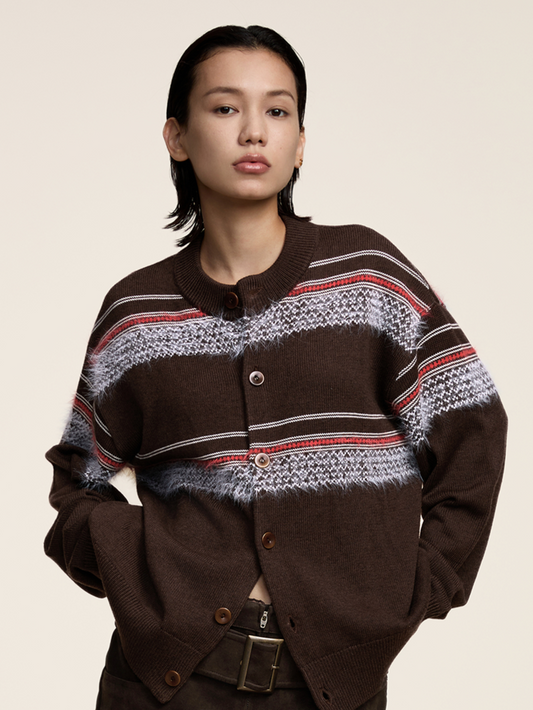 Faux Mink Stripes Vintage-Inspired Preppy Crewneck Cardigan
