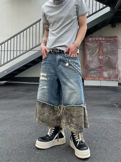Retro Stitching Camouflage Denim Shorts