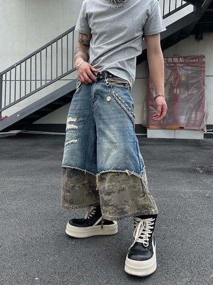 Retro Stitching Camouflage Denim Shorts