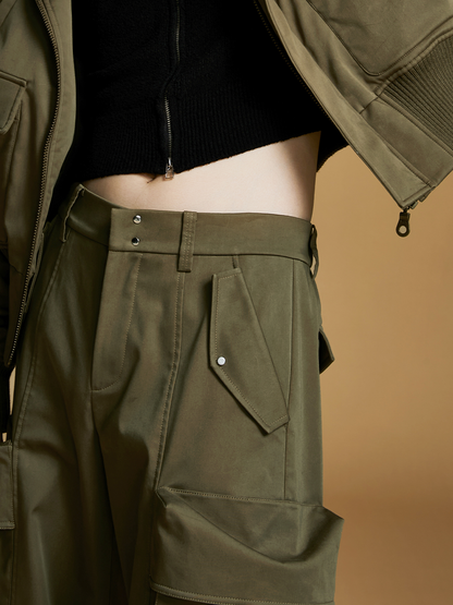 Gray-Green Structured Relaxed Fit Utility Pants