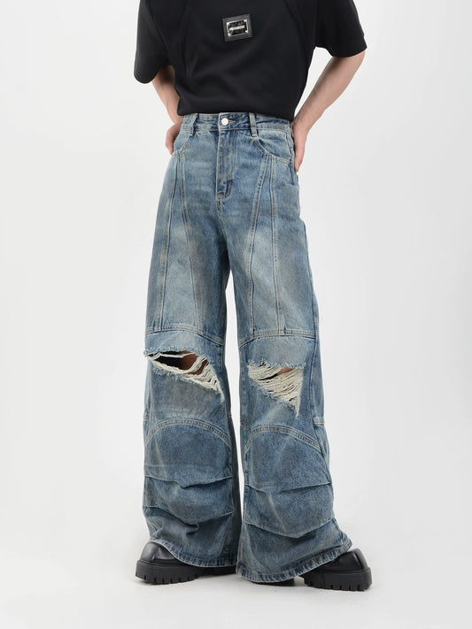 PLEATS DAMAGE DENIM PANTS