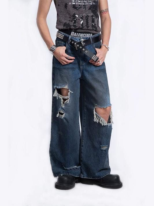 Washed Hole Tassel Wide Jeans