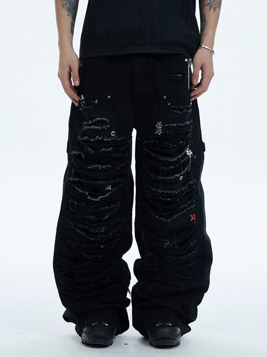 Heavy Wash Aged Knife Cut Damage Baggy Jeans