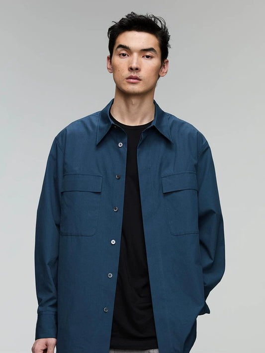 Vintage Stand Collar Sea Blue Cotton Shirt