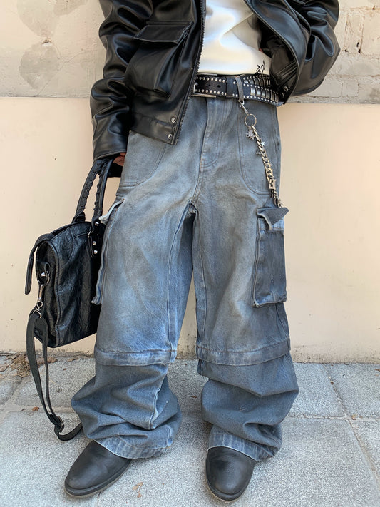 Dirty Dye Coated Aged Denim Cargo Pants