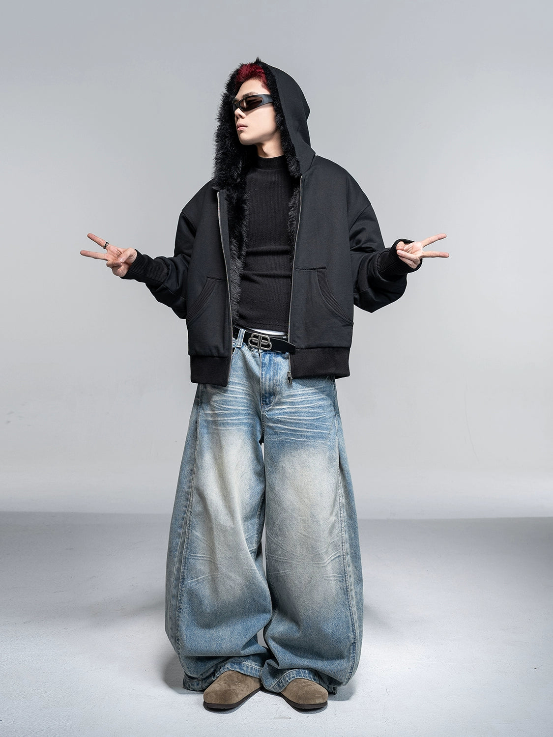 Whisker Washed Wide Jeans