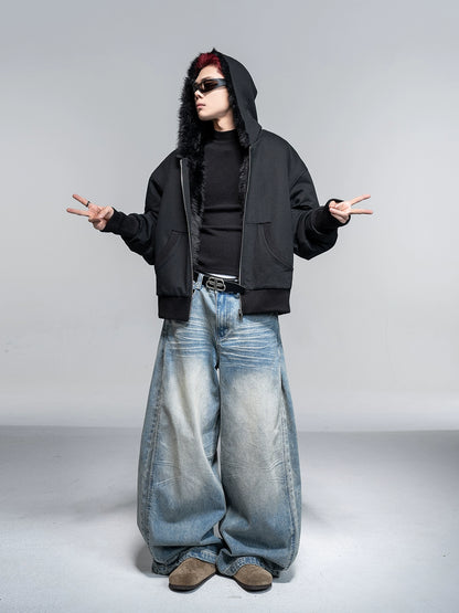 Whisker Washed Wide Jeans
