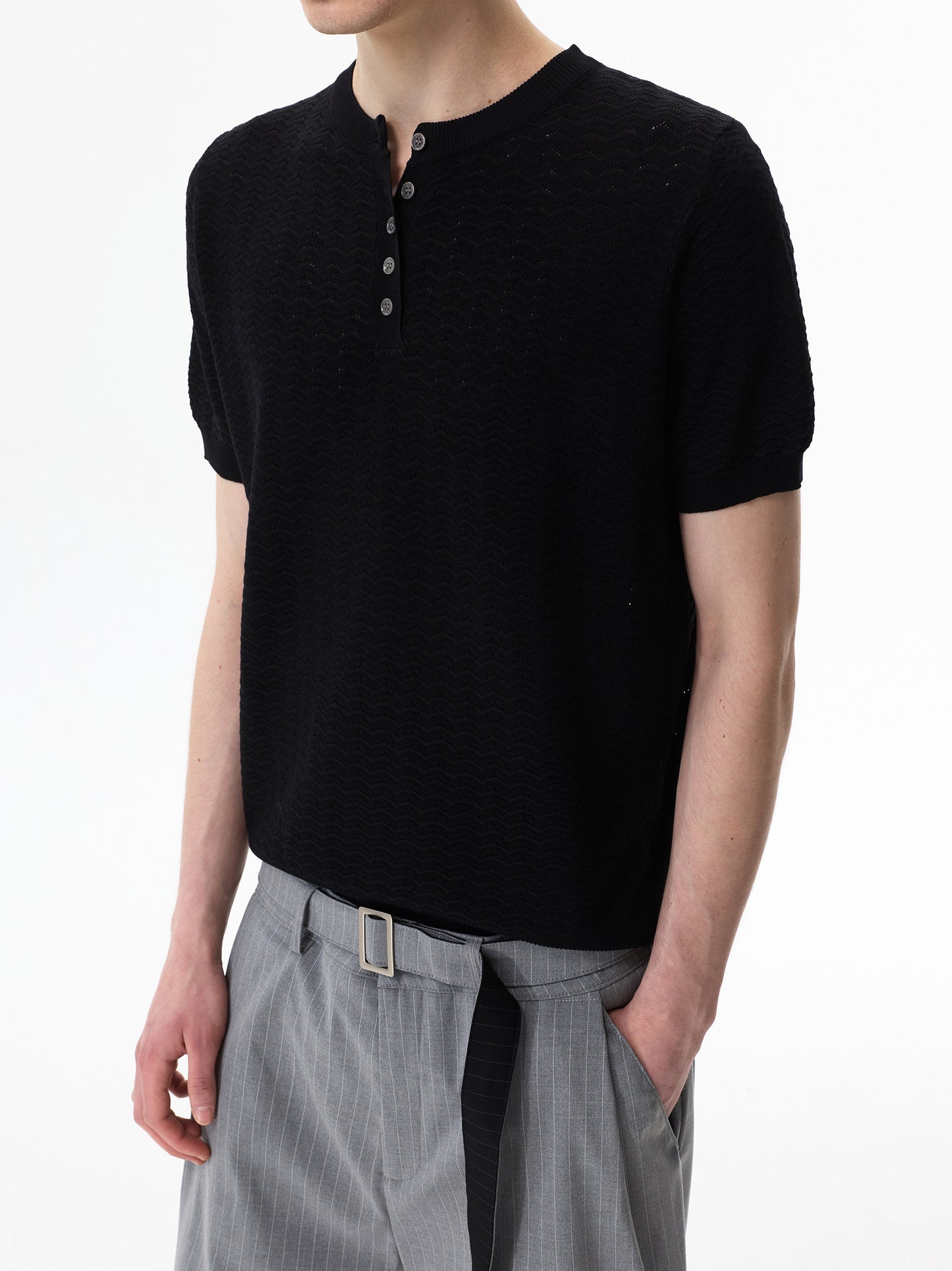 Breathable Jacquard Henley Knit Tee
