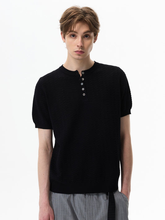 Breathable Jacquard Henley Knit Tee
