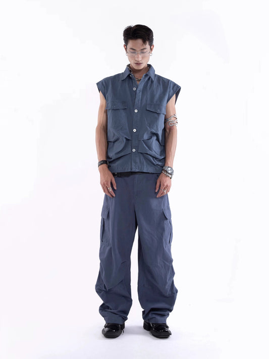 Retro Multi-pocket Pleated Vest