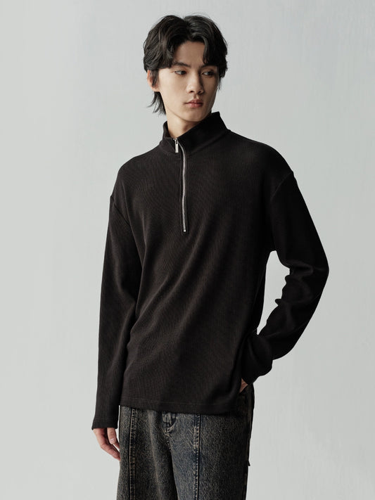 Waffle Knit Zipper Mock Neck Relaxed Fit Tee