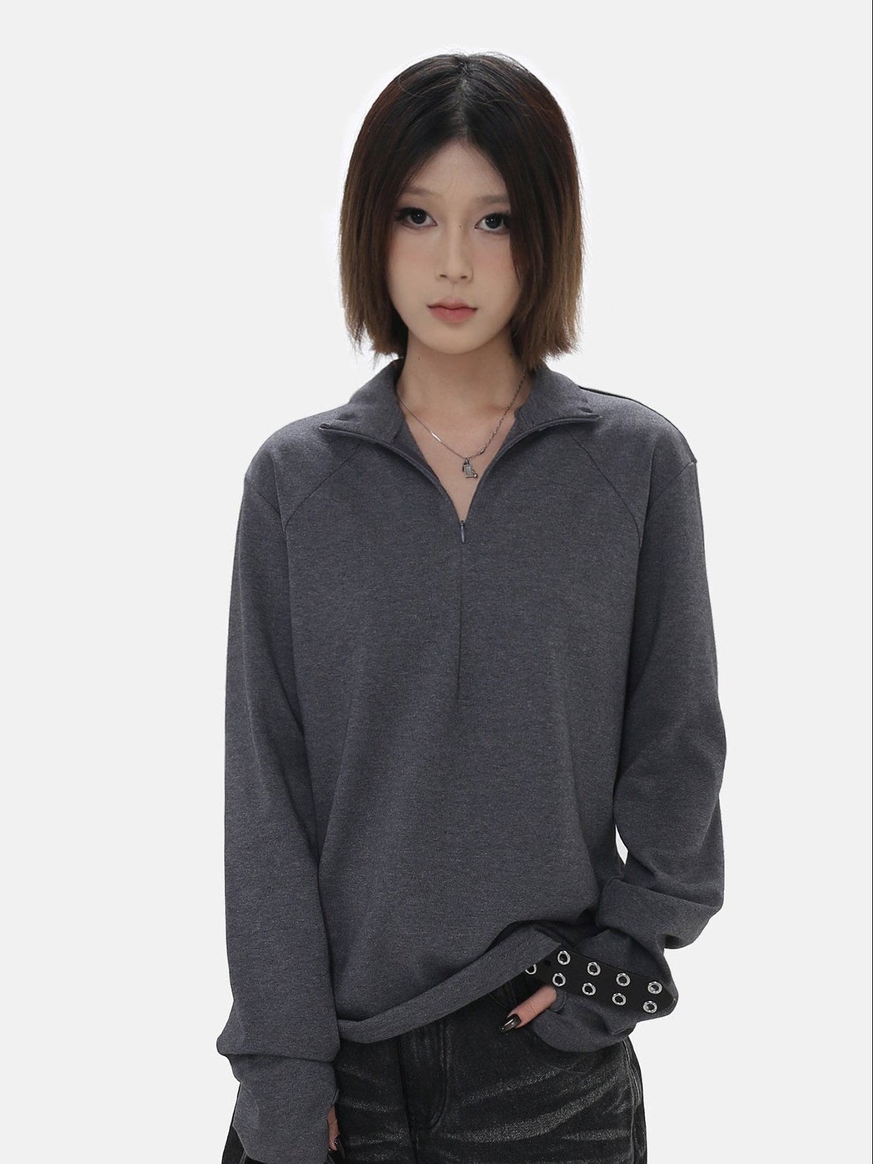 Stand Collar Zip Long Sleeve Tee