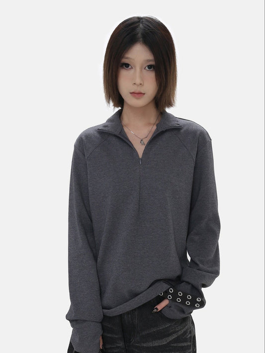 Stand Collar Zip Long Sleeve Tee