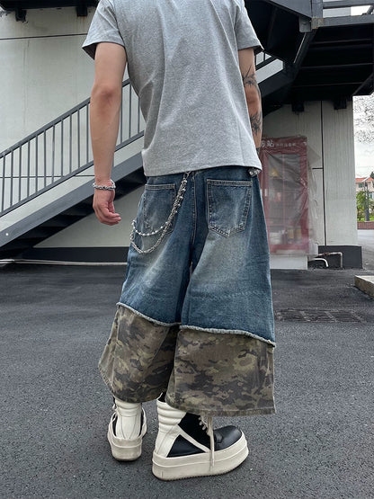 Retro Stitching Camouflage Denim Shorts