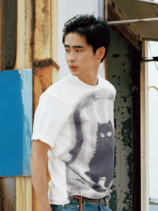 Relaxed Fit Cat Print Full-Print Casual Tee