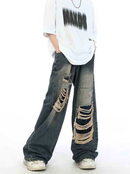 Damage Straight Washed Denim Pants