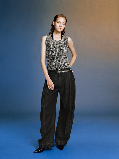 Raw Denim Black Curved Cut Wide-Leg Pants
