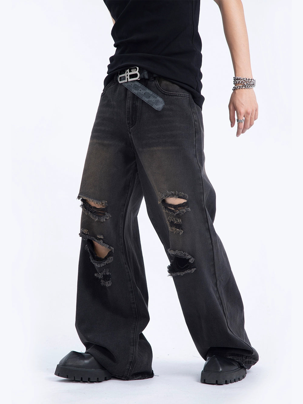 Washed Distressed Ripped Jeans