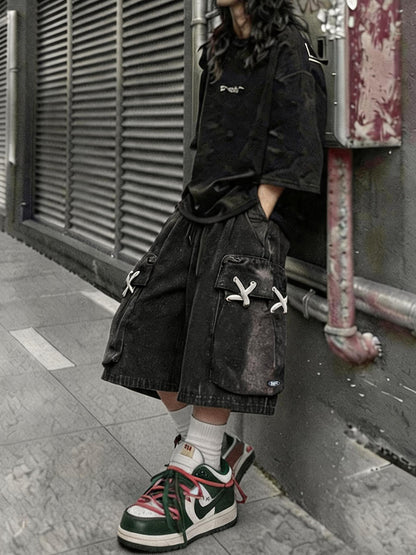 Vintage Wide-Leg Cargo Denim Shorts