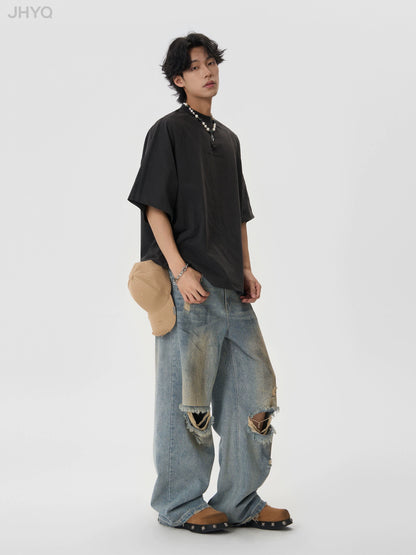 Retro Washed Holes Denim Pants