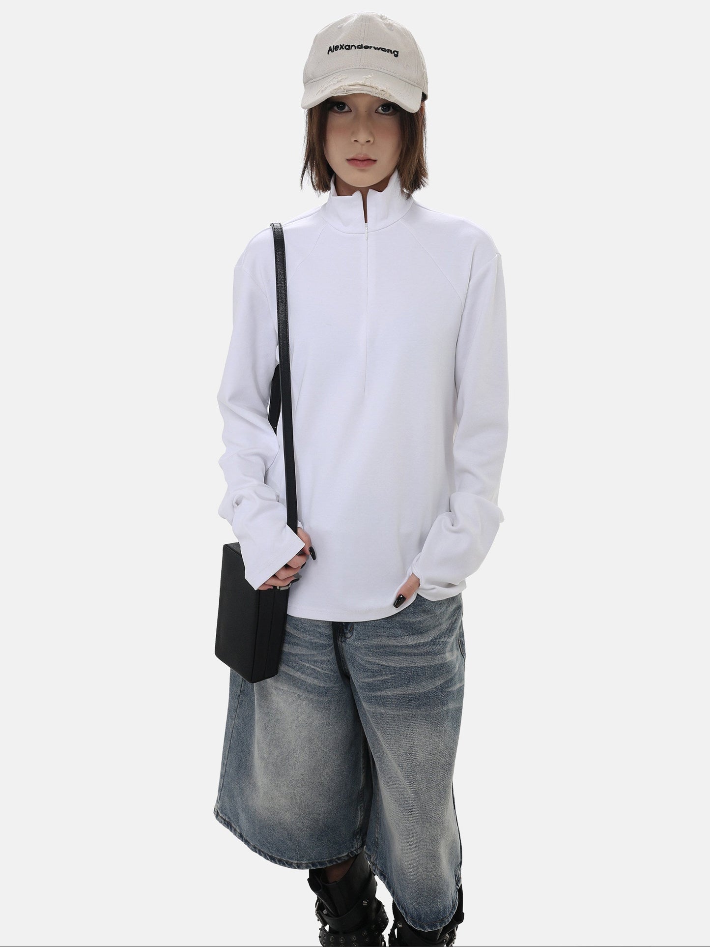 Stand Collar Zip Long Sleeve Tee