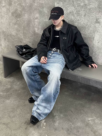 Simple Washed Button Denim Pants