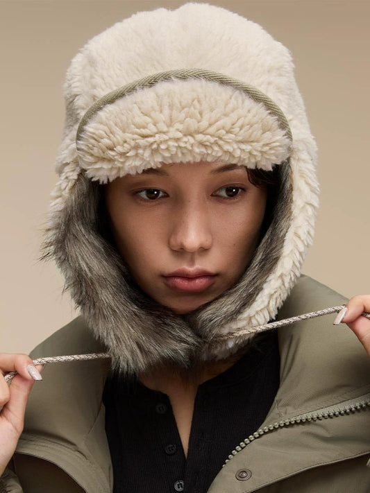 Embroidered Logo Plush Color-Block Ear Flap Hat