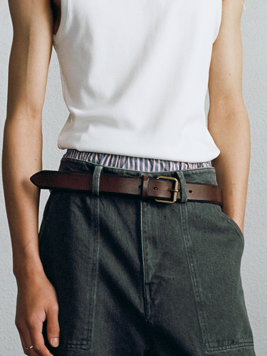 Distressed Zinc Alloy Buckle Brown Full-Grain Leather Belt