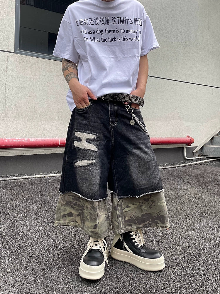 Retro Stitching Camouflage Denim Shorts