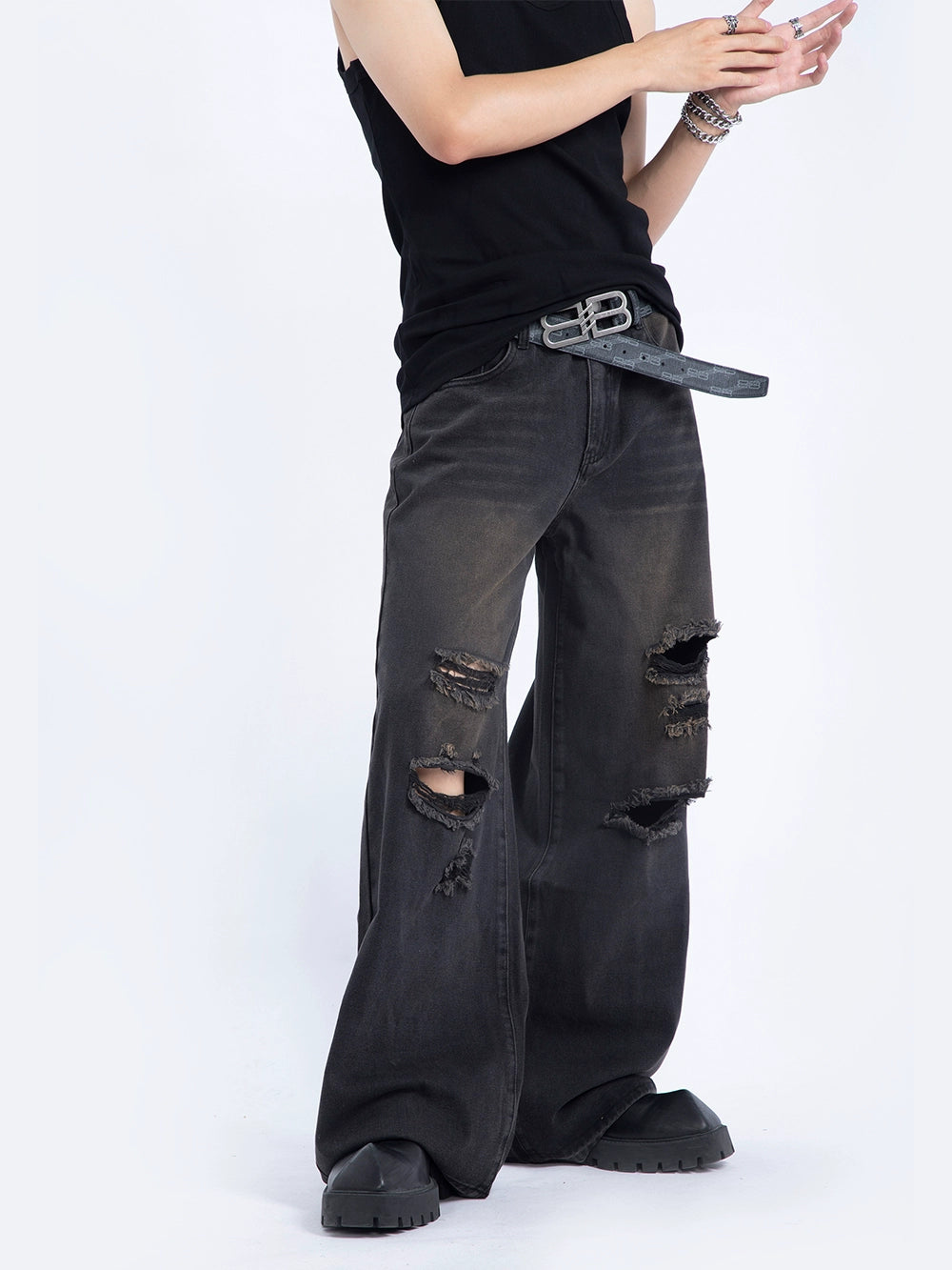 Washed Distressed Ripped Jeans