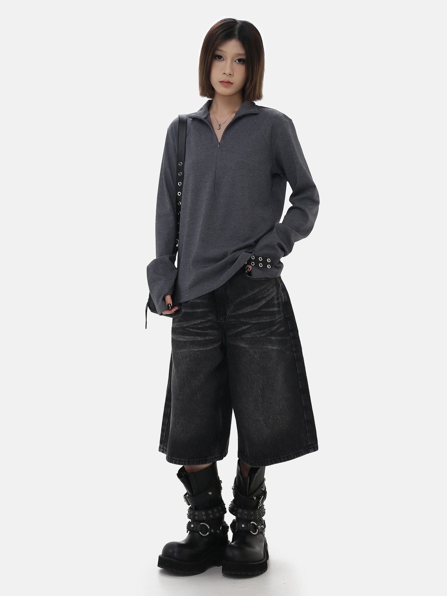 Stand Collar Zip Long Sleeve Tee